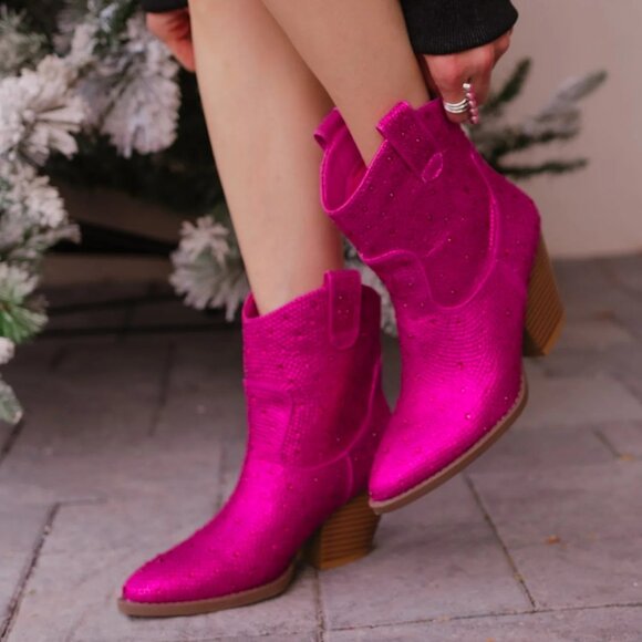 New Fuchsia Pink Rhinestone Cowgirl/Cowboy Western Ankle Boot Booties Block Heel - Picture 1 of 4